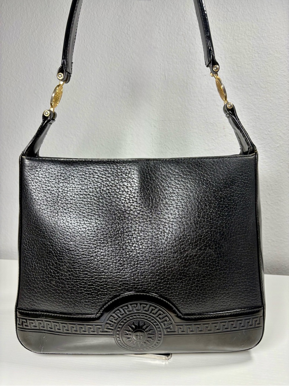 Versace Sunburst Patent & Pebbled Leather Shoulder Bag